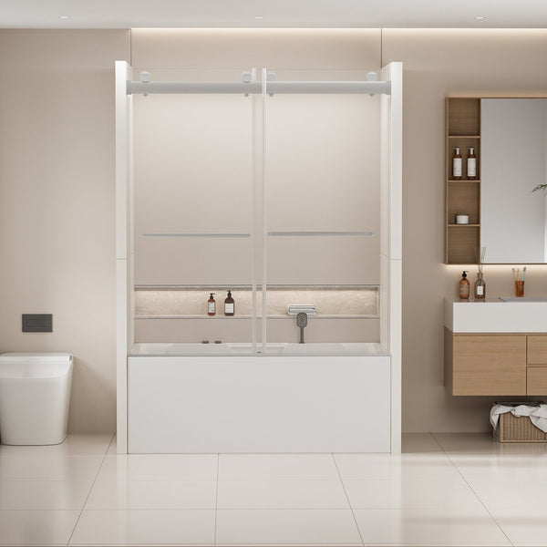 English Elm 56-60 in Frameless Bypass Tub Shower Door Soft Close Tempered Glass Brushed Nickel W1920P385331