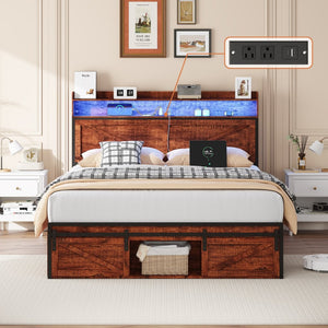 English Elm Queen-size Platform Bed with Led Headboard Storage Footboard and Built-in Charging Brown W5026P429527
