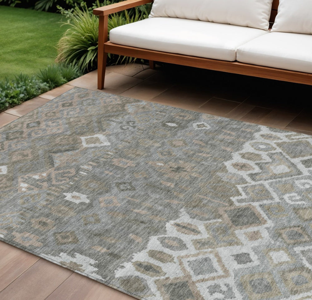HomeRoots 10' X 14' Stylish Pewter Ivory Tan Geometric Area Rug - Washable, Durable for Indoors & Outdoors 658500