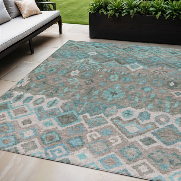 HomeRoots 5' X 8' Geometric Area Rug in Teal, Blue, Gray & Ivory – Stylish, Washable, Indoor/Outdoor Versatility! 658502
