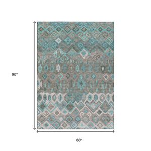 HomeRoots 5' X 8' Geometric Area Rug in Teal, Blue, Gray & Ivory – Stylish, Washable, Indoor/Outdoor Versatility! 658502