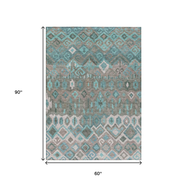 HomeRoots 5' X 8' Geometric Area Rug in Teal, Blue, Gray & Ivory – Stylish, Washable, Indoor/Outdoor Versatility! 658502