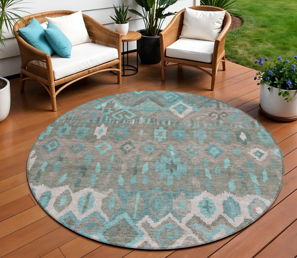 HomeRoots 8' Teal Blue Gray Geometric Round Rug - Modern Washable Area Rug for Indoor & Outdoor Spaces 658503