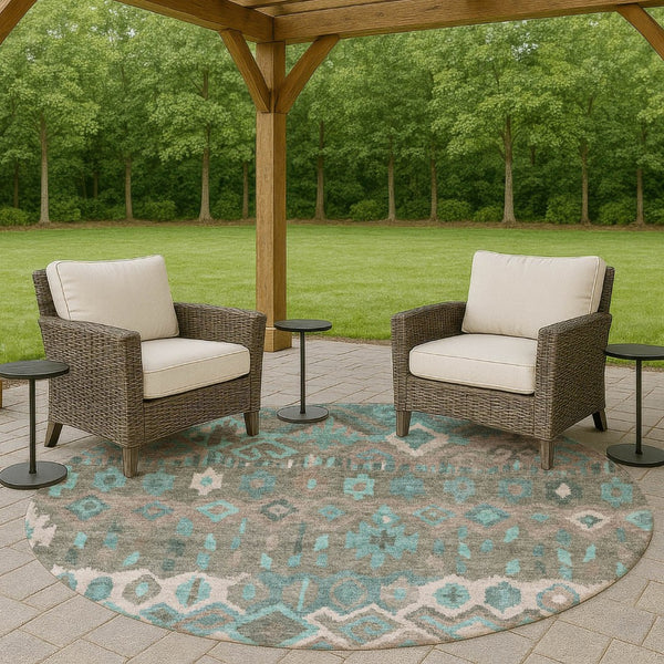 HomeRoots 8' Teal Blue Gray Geometric Round Rug - Modern Washable Area Rug for Indoor & Outdoor Spaces 658503