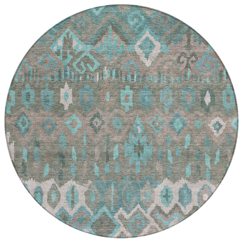 HomeRoots 8' Teal Blue Gray Geometric Round Rug - Modern Washable Area Rug for Indoor & Outdoor Spaces 658503