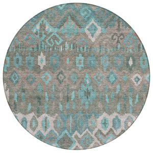 HomeRoots 8' Teal Blue Gray Geometric Round Rug - Modern Washable Area Rug for Indoor & Outdoor Spaces 658503