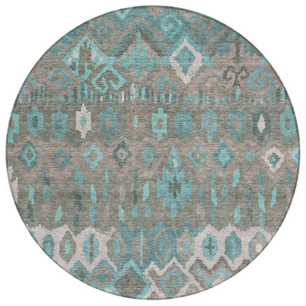 HomeRoots 8' Teal Blue Gray Geometric Round Rug - Modern Washable Area Rug for Indoor & Outdoor Spaces 658503