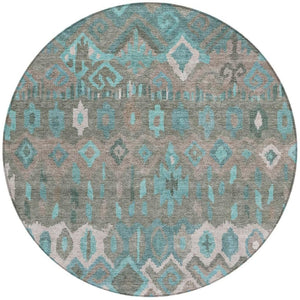 HomeRoots 8' Teal Blue Gray Geometric Round Rug - Modern Washable Area Rug for Indoor & Outdoor Spaces 658503