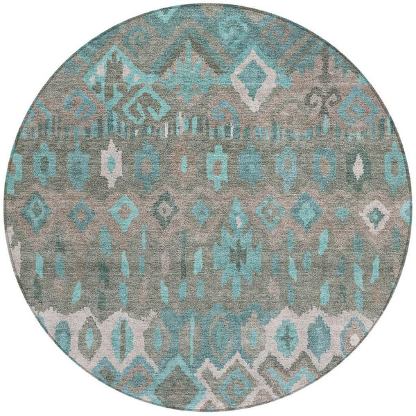 HomeRoots 8' Teal Blue Gray Geometric Round Rug - Modern Washable Area Rug for Indoor & Outdoor Spaces 658503