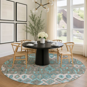 HomeRoots 8' Teal Blue Gray Geometric Round Rug - Modern Washable Area Rug for Indoor & Outdoor Spaces 658503