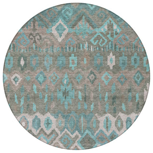 HomeRoots 8' Teal Blue Gray Geometric Round Rug - Modern Washable Area Rug for Indoor & Outdoor Spaces 658503