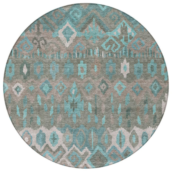 HomeRoots 8' Teal Blue Gray Geometric Round Rug - Modern Washable Area Rug for Indoor & Outdoor Spaces 658503