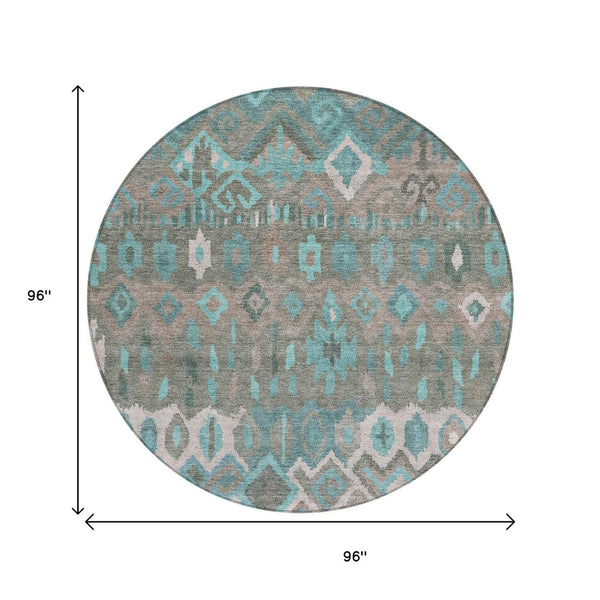 HomeRoots 8' Teal Blue Gray Geometric Round Rug - Modern Washable Area Rug for Indoor & Outdoor Spaces 658503