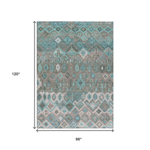 HomeRoots 8' X 10' Geometric Teal Blue, Gray & Ivory Area Rug - Washable, Durable, Indoor/Outdoor Use! 658504