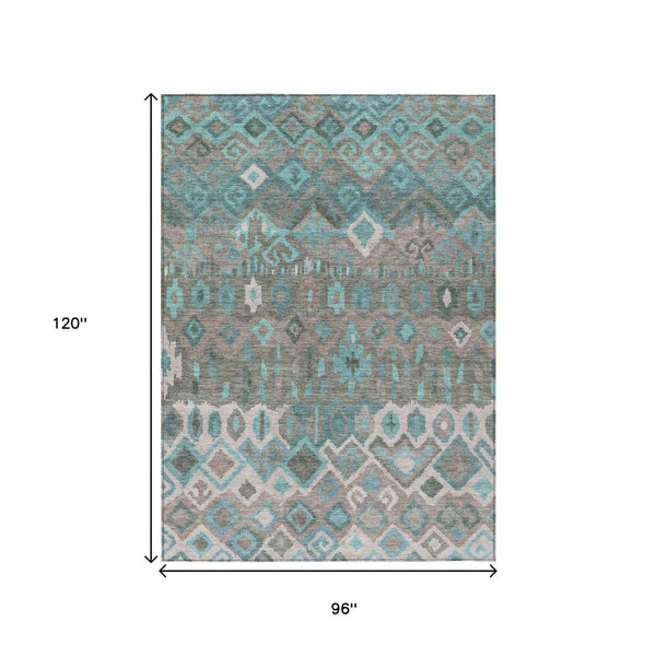 HomeRoots 8' X 10' Geometric Teal Blue, Gray & Ivory Area Rug - Washable, Durable, Indoor/Outdoor Use! 658504