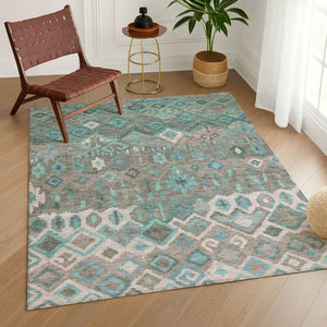 HomeRoots 8' X 10' Geometric Teal Blue, Gray & Ivory Area Rug - Washable, Durable, Indoor/Outdoor Use! 658504