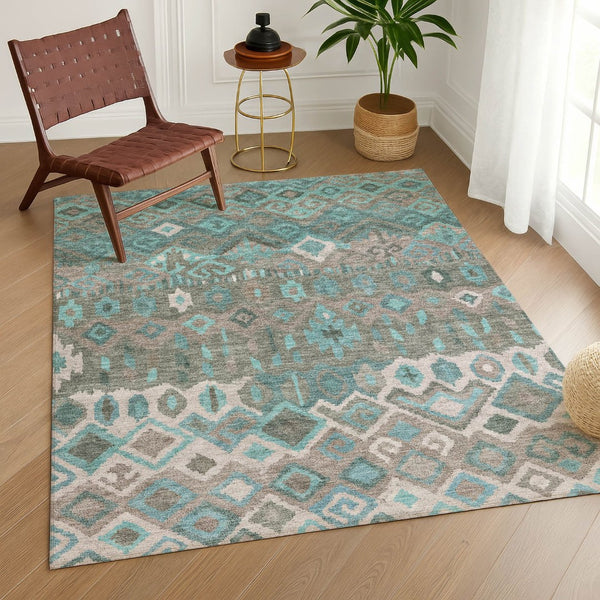 HomeRoots 8' X 10' Geometric Teal Blue, Gray & Ivory Area Rug - Washable, Durable, Indoor/Outdoor Use! 658504