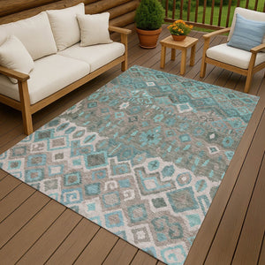 HomeRoots 8' X 10' Geometric Teal Blue, Gray & Ivory Area Rug - Washable, Durable, Indoor/Outdoor Use! 658504