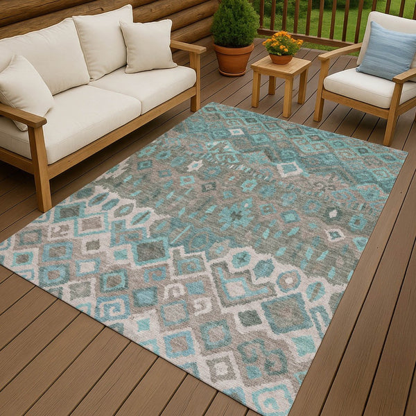 HomeRoots 8' X 10' Geometric Teal Blue, Gray & Ivory Area Rug - Washable, Durable, Indoor/Outdoor Use! 658504