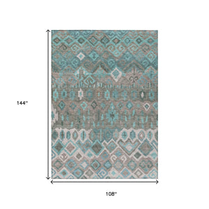 HomeRoots 9' X 12' Geometric Washable Area Rug in Teal Blue Gray Ivory – Stylish, Durable for Indoor & Outdoor Use 658505