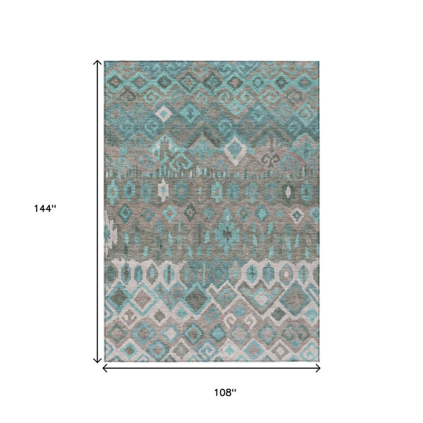 HomeRoots 9' X 12' Geometric Washable Area Rug in Teal Blue Gray Ivory – Stylish, Durable for Indoor & Outdoor Use 658505