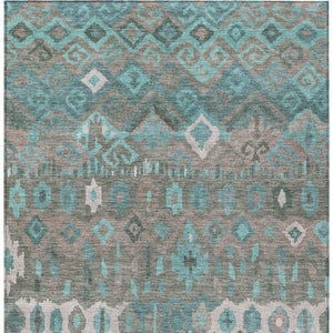 HomeRoots 10' X 14' Geometric Teal Blue Gray Ivory Washable Area Rug for Indoor & Outdoor High-Traffic Spaces 658506
