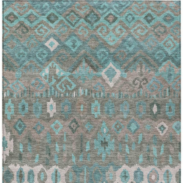 HomeRoots 10' X 14' Geometric Teal Blue Gray Ivory Washable Area Rug for Indoor & Outdoor High-Traffic Spaces 658506