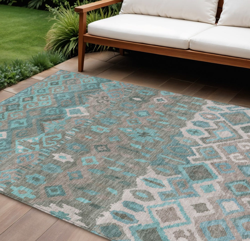 HomeRoots 10' X 14' Geometric Teal Blue Gray Ivory Washable Area Rug for Indoor & Outdoor High-Traffic Spaces 658506