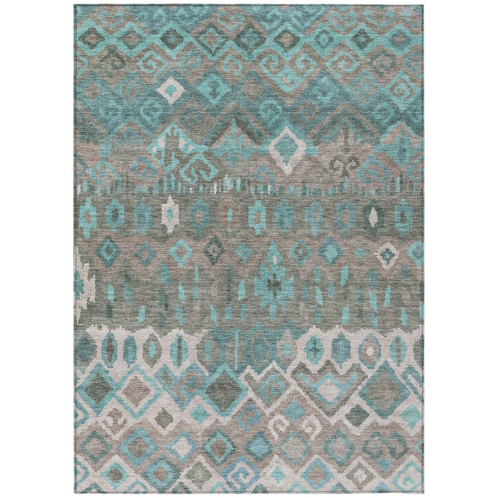 HomeRoots 10' X 14' Geometric Teal Blue Gray Ivory Washable Area Rug for Indoor & Outdoor High-Traffic Spaces 658506