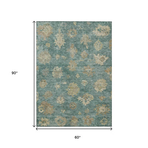 HomeRoots 5' Floral Area Rug in Artichoke Green, Beige & Tan - Washable, Durable & Versatile for Indoors/Outdoors 658508