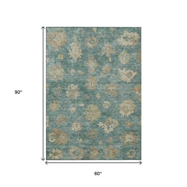 HomeRoots 5' Floral Area Rug in Artichoke Green, Beige & Tan - Washable, Durable & Versatile for Indoors/Outdoors 658508