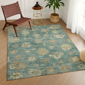HomeRoots 5' Floral Area Rug in Artichoke Green, Beige & Tan - Washable, Durable & Versatile for Indoors/Outdoors 658508