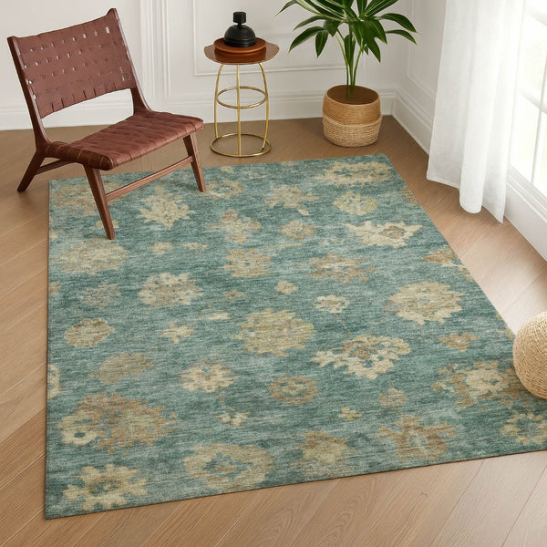 HomeRoots 5' Floral Area Rug in Artichoke Green, Beige & Tan - Washable, Durable & Versatile for Indoors/Outdoors 658508