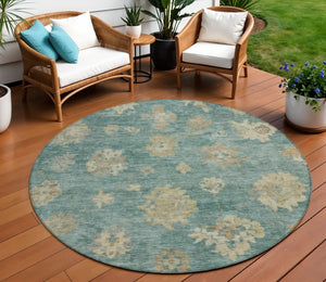 HomeRoots 8' Artichoke Green Round Floral Area Rug - Durable, Washable, Ideal for Indoor & Outdoor Spaces! 658509