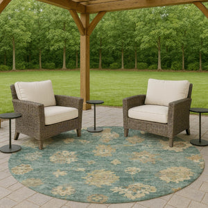 HomeRoots 8' Artichoke Green Round Floral Area Rug - Durable, Washable, Ideal for Indoor & Outdoor Spaces! 658509