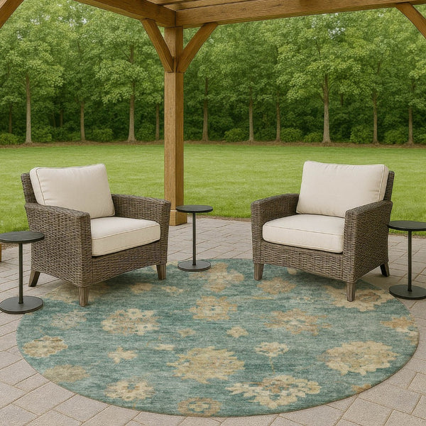 HomeRoots 8' Artichoke Green Round Floral Area Rug - Durable, Washable, Ideal for Indoor & Outdoor Spaces! 658509