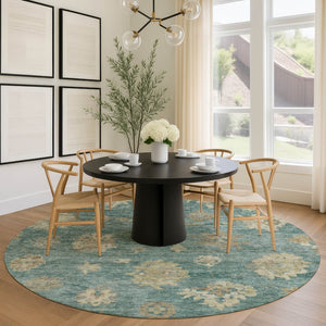 HomeRoots 8' Artichoke Green Round Floral Area Rug - Durable, Washable, Ideal for Indoor & Outdoor Spaces! 658509