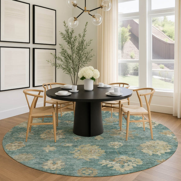 HomeRoots 8' Artichoke Green Round Floral Area Rug - Durable, Washable, Ideal for Indoor & Outdoor Spaces! 658509