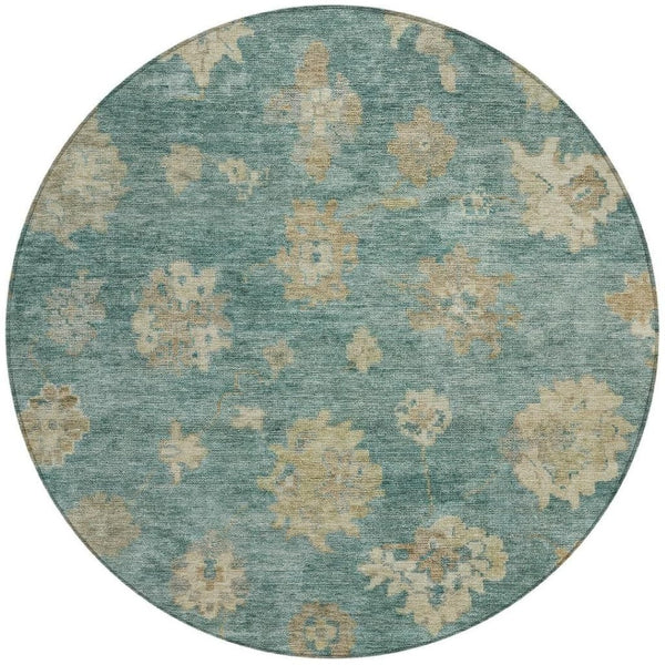 HomeRoots 8' Artichoke Green Round Floral Area Rug - Durable, Washable, Ideal for Indoor & Outdoor Spaces! 658509