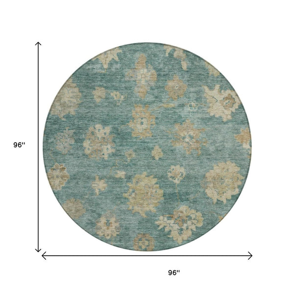 HomeRoots 8' Artichoke Green Round Floral Area Rug - Durable, Washable, Ideal for Indoor & Outdoor Spaces! 658509