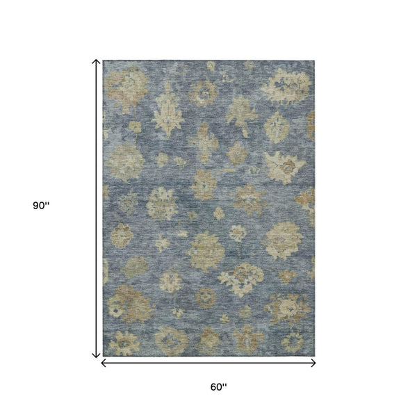 HomeRoots 5' Blue and Beige Floral Area Rug – Durable, Washable Design for Indoor/Outdoor Elegance & Comfort 658514
