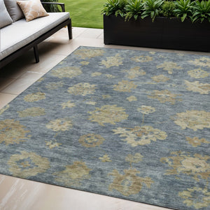 HomeRoots 5' Blue and Beige Floral Area Rug – Durable, Washable Design for Indoor/Outdoor Elegance & Comfort 658514
