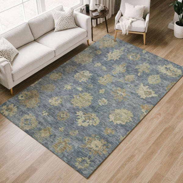 HomeRoots 5' Blue and Beige Floral Area Rug – Durable, Washable Design for Indoor/Outdoor Elegance & Comfort 658514