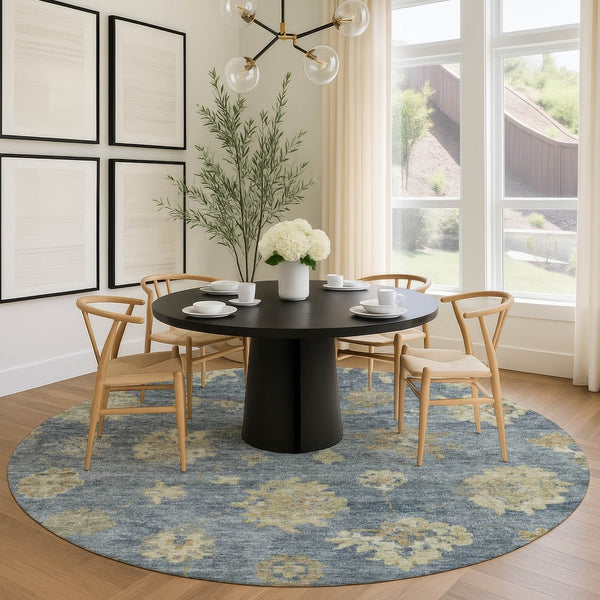 HomeRoots 8' Blue and Beige Floral Washable Area Rug - Durable, Stylish Indoor/Outdoor Design for Any Space 658515