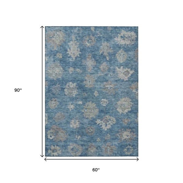 HomeRoots 5' X 8' Denim Blue Floral Area Rug - Durable, Washable, Stylish for Indoor & Outdoor Spaces! 658520