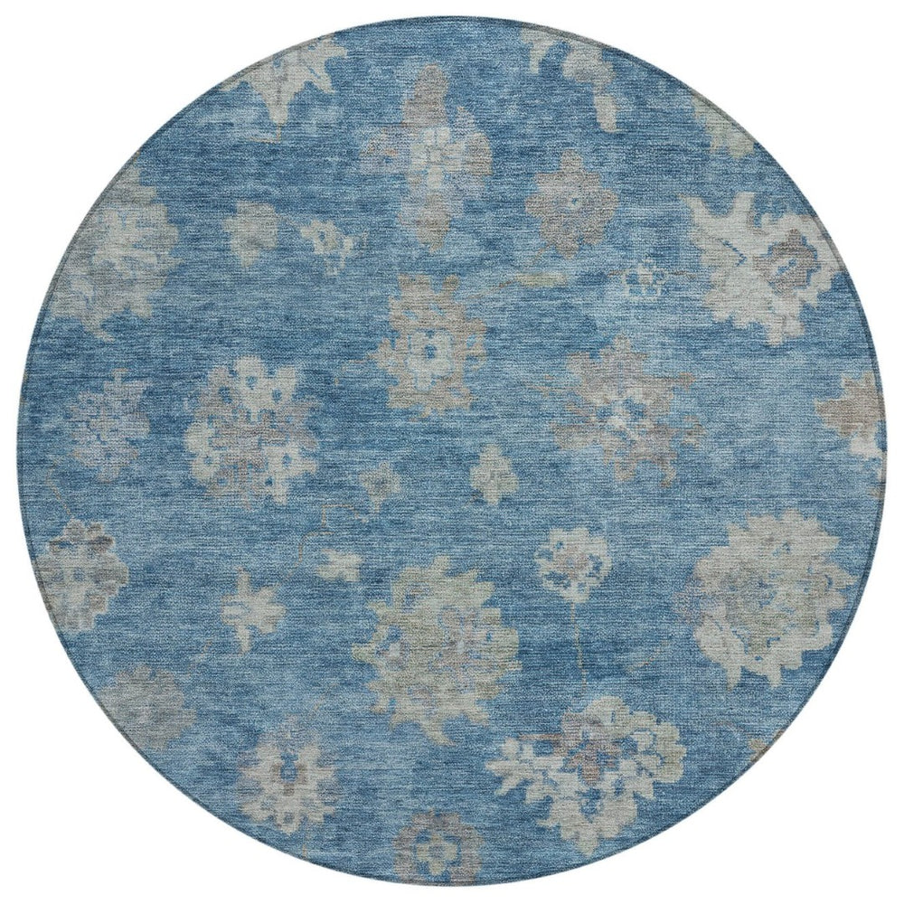 HomeRoots 8' Denim Blue and Gray Round Floral Rug - Washable, Durable, Perfect for Indoor & Outdoor Spaces! 658521