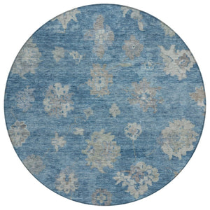 HomeRoots 8' Denim Blue and Gray Round Floral Rug - Washable, Durable, Perfect for Indoor & Outdoor Spaces! 658521