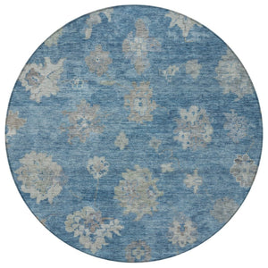 HomeRoots 8' Denim Blue and Gray Round Floral Rug - Washable, Durable, Perfect for Indoor & Outdoor Spaces! 658521