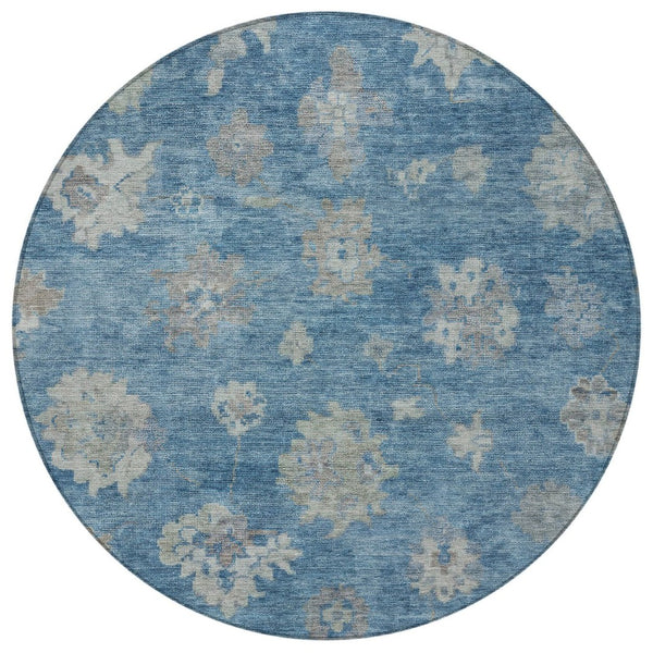 HomeRoots 8' Denim Blue and Gray Round Floral Rug - Washable, Durable, Perfect for Indoor & Outdoor Spaces! 658521