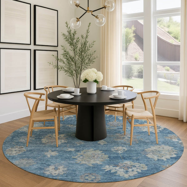 HomeRoots 8' Denim Blue and Gray Round Floral Rug - Washable, Durable, Perfect for Indoor & Outdoor Spaces! 658521